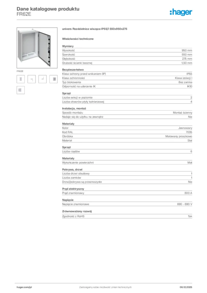 Zdjęcie Hager Karta katalogowa FR62E | Hager Polska
