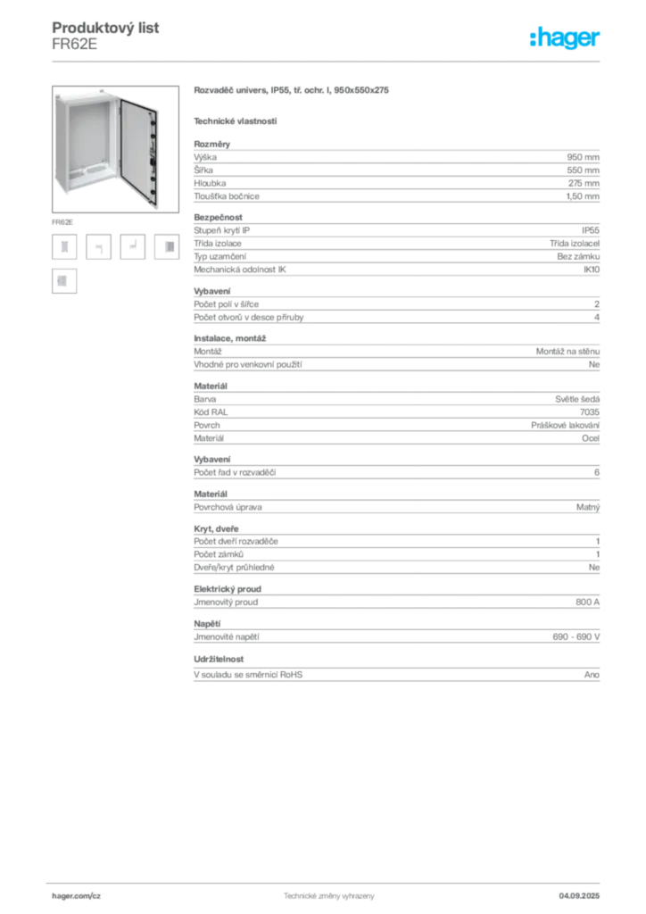 Obrázek Hager Produktový list FR62E | Hager