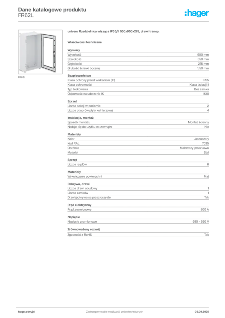 Zdjęcie Hager Dane katalogowe produktu FR62L | Hager Polska