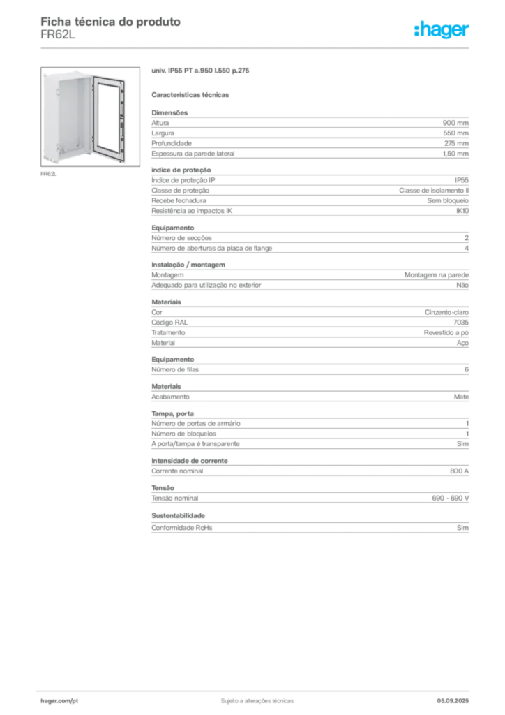 Imagem Hager Ficha técnica do produto FR62L | Hager Portugal