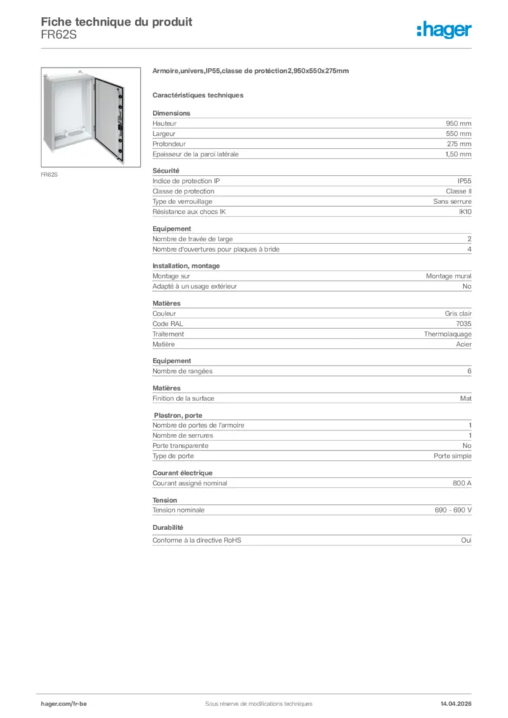 Image Hager Fiche technique du produit FR62S | Hager Belgique