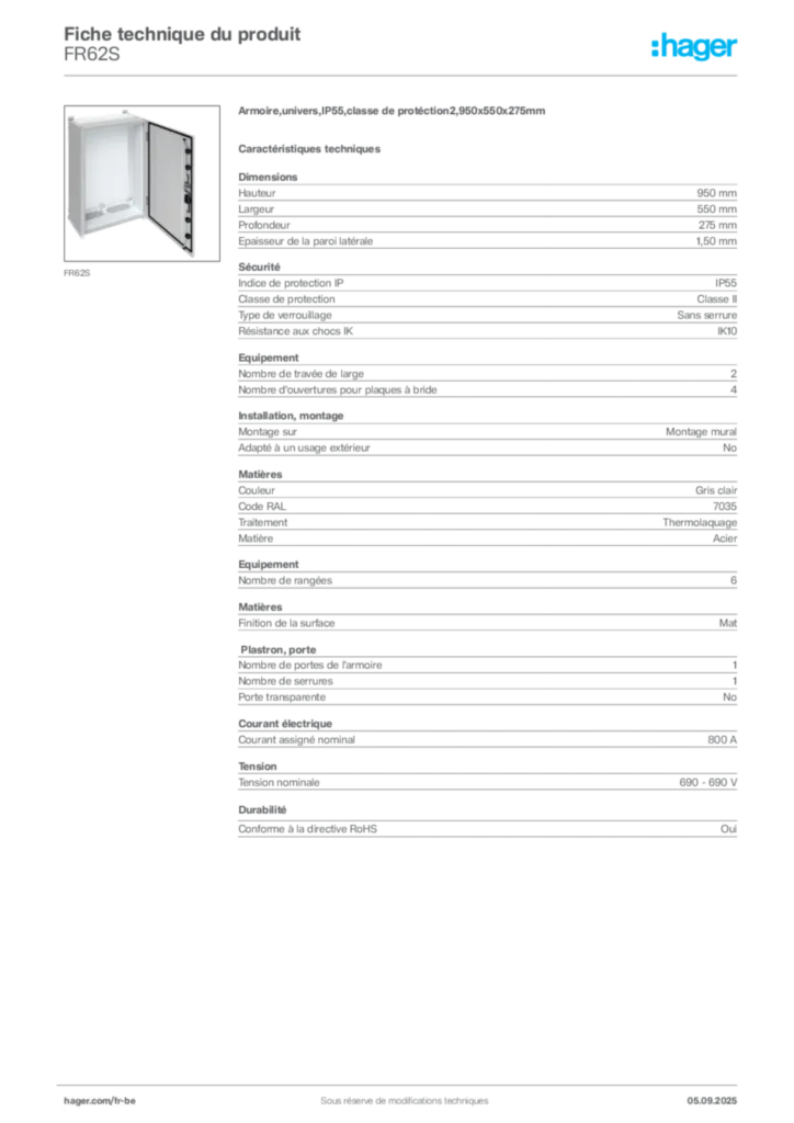 Image Hager Fiche technique du produit FR62S | Hager Belgique