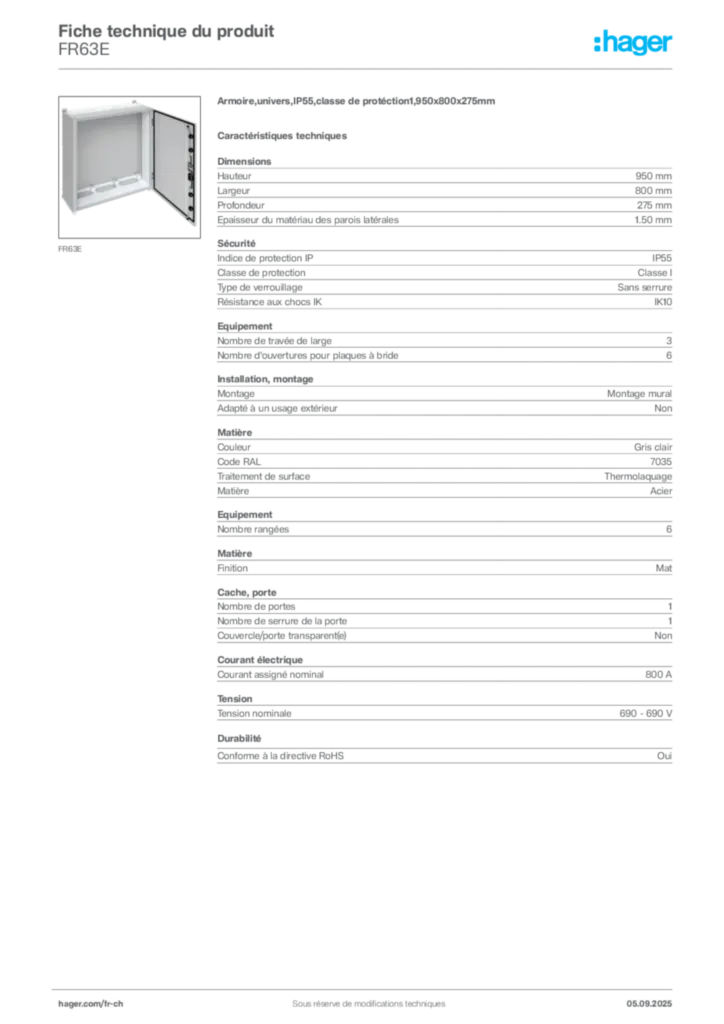 Image Hager Fiche technique du produit FR63E | Hager Suisse