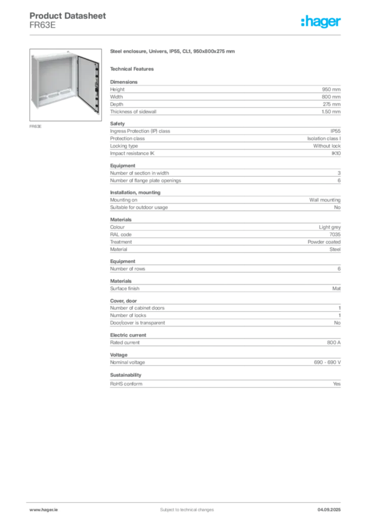 Image Hager Product data sheet FR63E  | Hager
