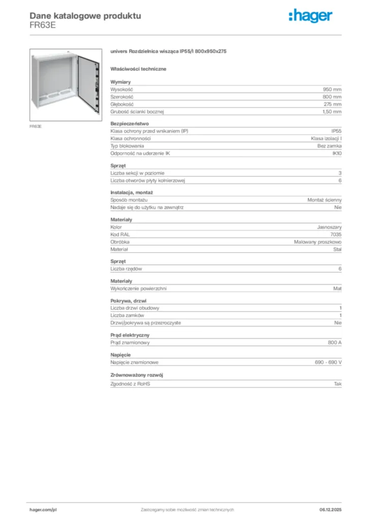 Zdjęcie Hager Karta katalogowa FR63E | Hager Polska