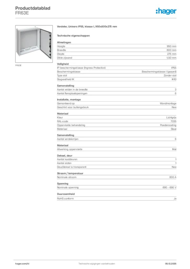 Afbeelding Hager Productdatablad FR63E | Hager Nederland