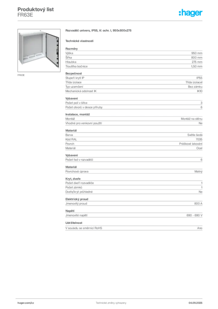 Obrázek Hager Produktový list FR63E | Hager