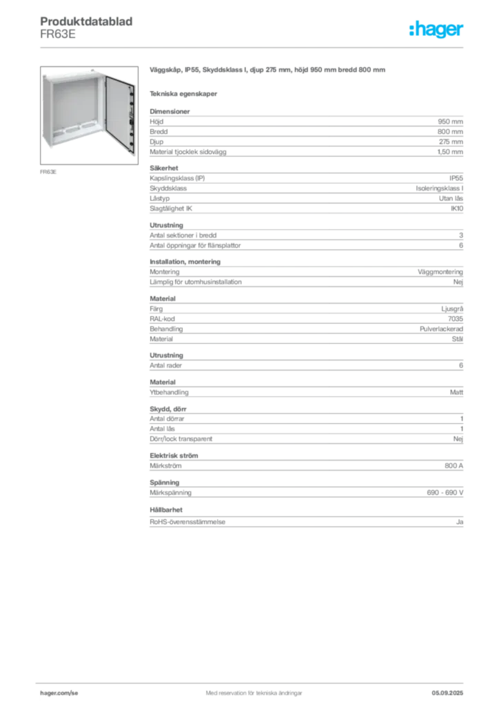 Bild Hager Produktdatablad FR63E | Hager Sverige