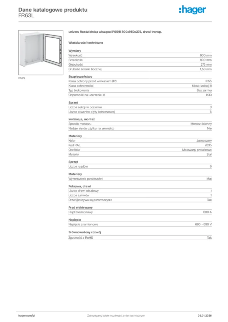 Zdjęcie Hager Karta katalogowa FR63L | Hager Polska