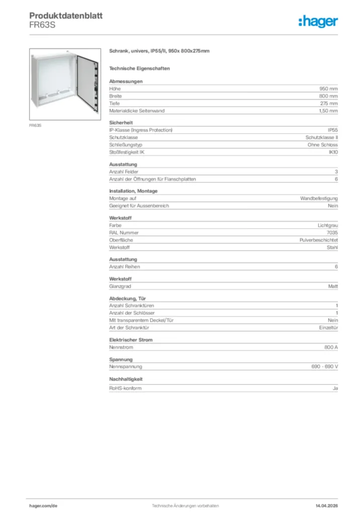 Bild Hager Produktdatenblatt FR63S | Hager Deutschland
