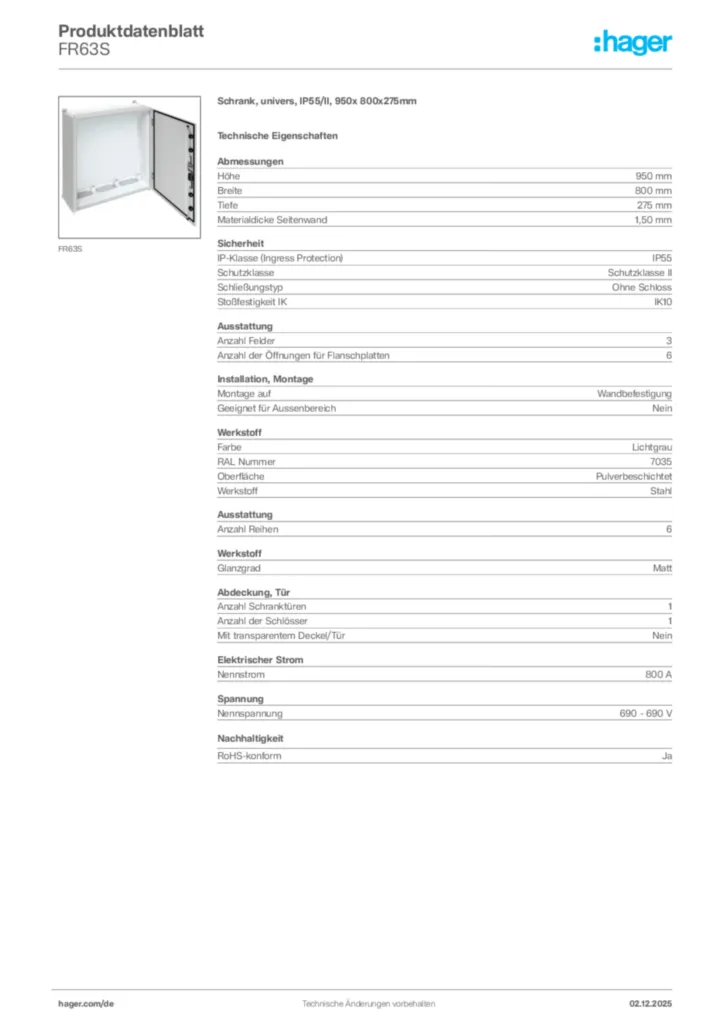 Bild Hager Produktdatenblatt FR63S | Hager Deutschland