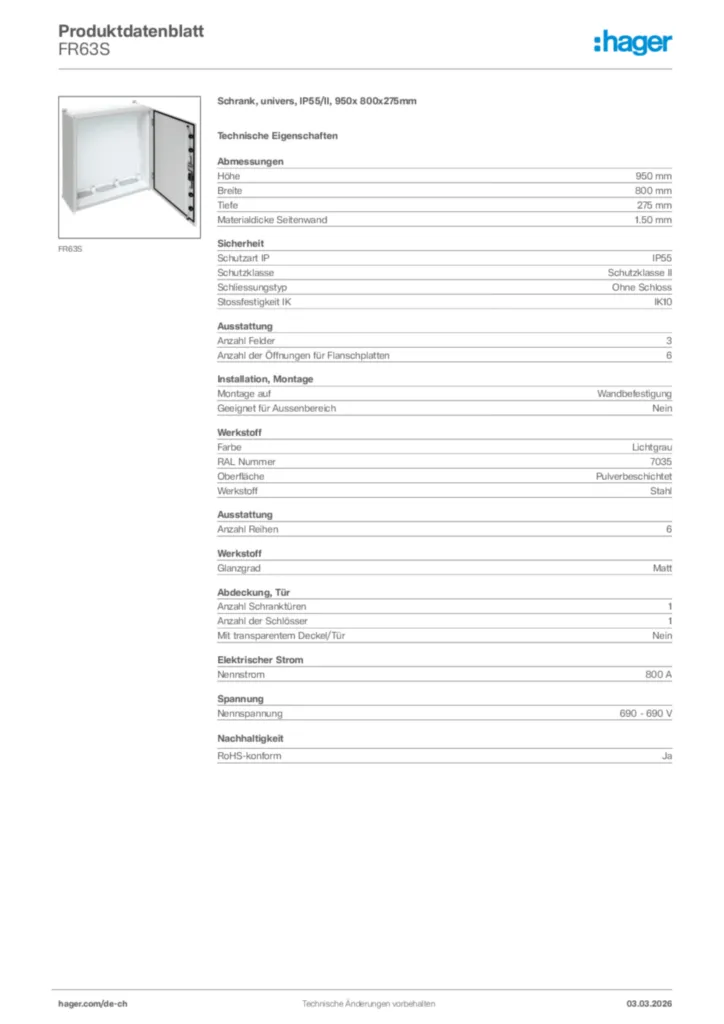 Bild Hager Produktdatenblatt FR63S | Hager Schweiz