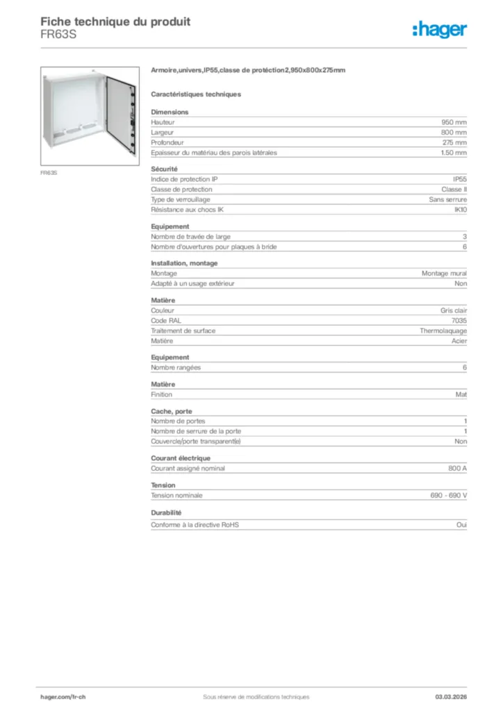 Image Hager Fiche technique du produit FR63S | Hager Suisse
