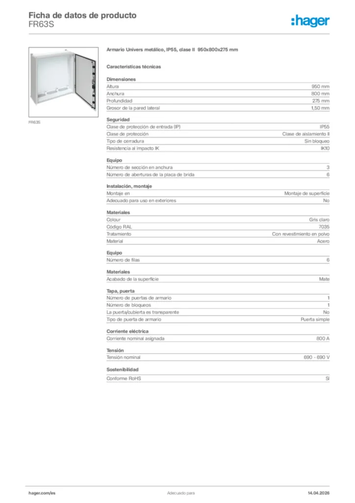 Imagen Hager Ficha de datos de producto FR63S | Hager España