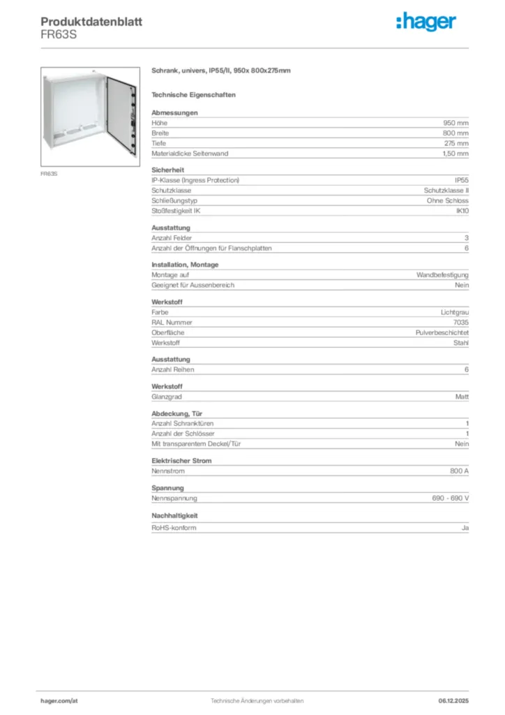 Bild Hager Produktdatenblatt FR63S | Hager Deutschland