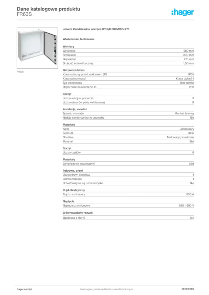 Zdjęcie Hager Dane katalogowe produktu FR63S | Hager Polska
