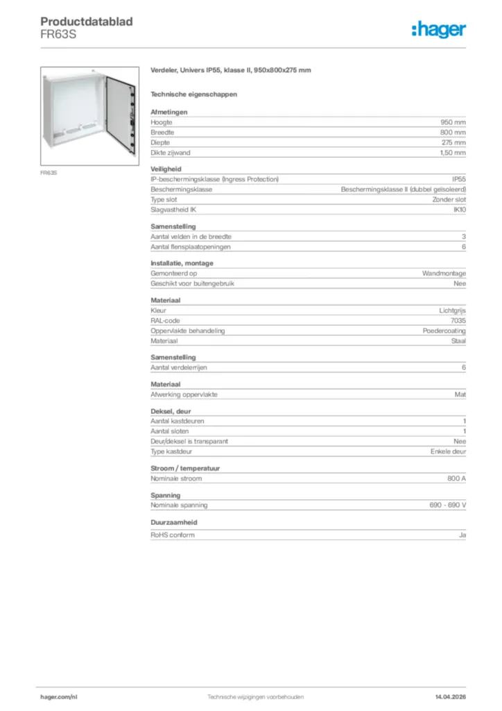 Afbeelding Hager Productdatablad FR63S | Hager Nederland