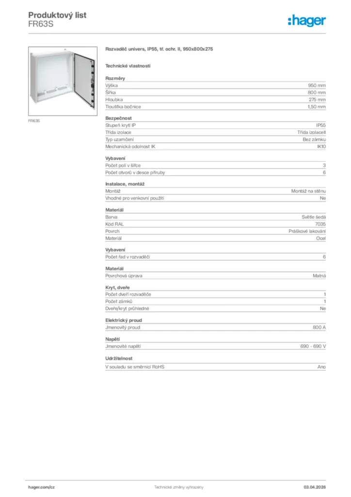 Obrázek Hager Product data sheet FR63S | Hager