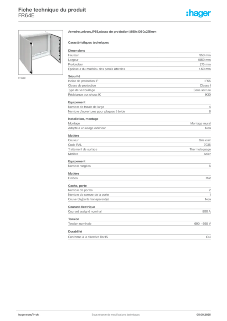 Image Hager Fiche technique du produit FR64E | Hager Suisse