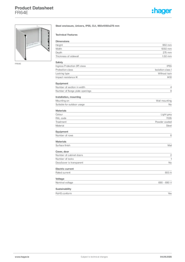 Image Hager Product data sheet FR64E  | Hager