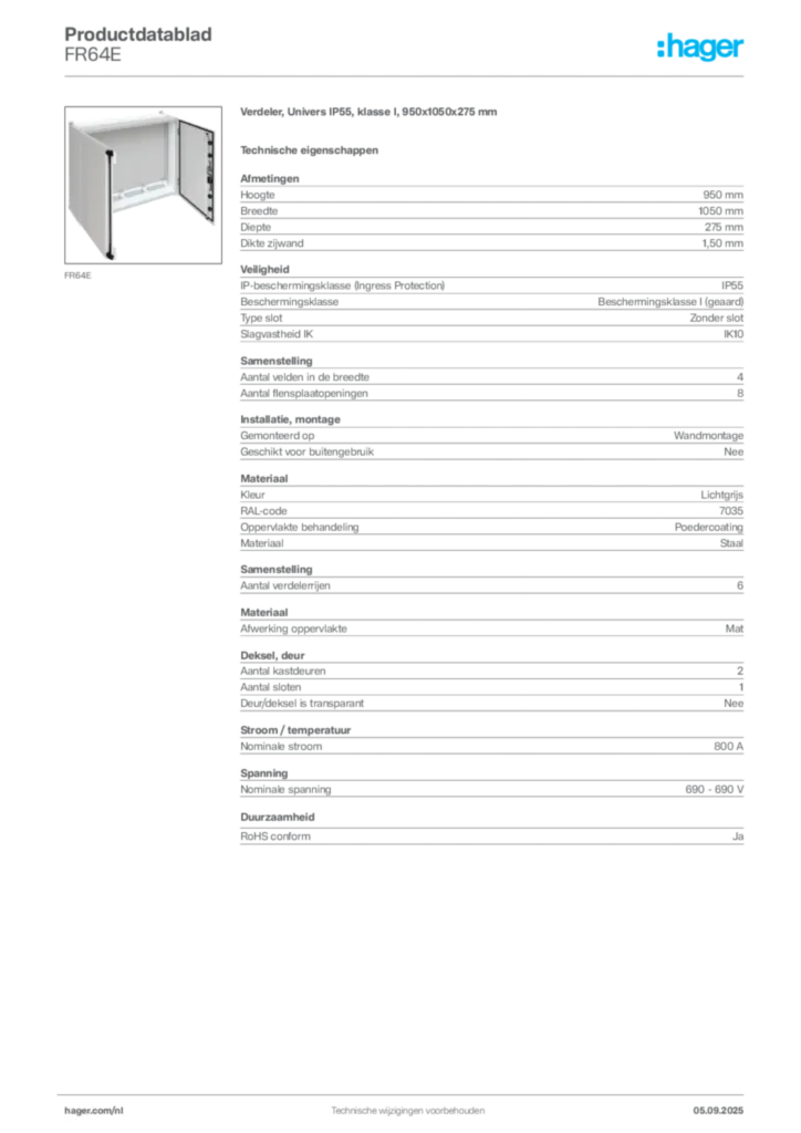 Afbeelding Hager Productdatablad FR64E | Hager Nederland
