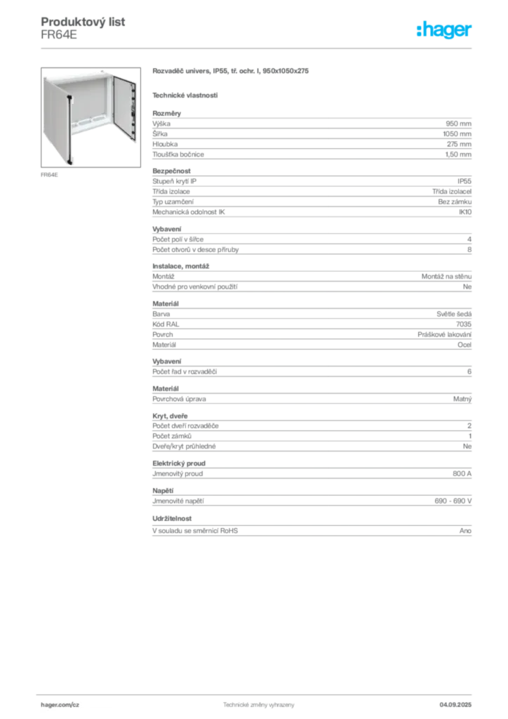 Obrázek Hager Produktový list FR64E | Hager