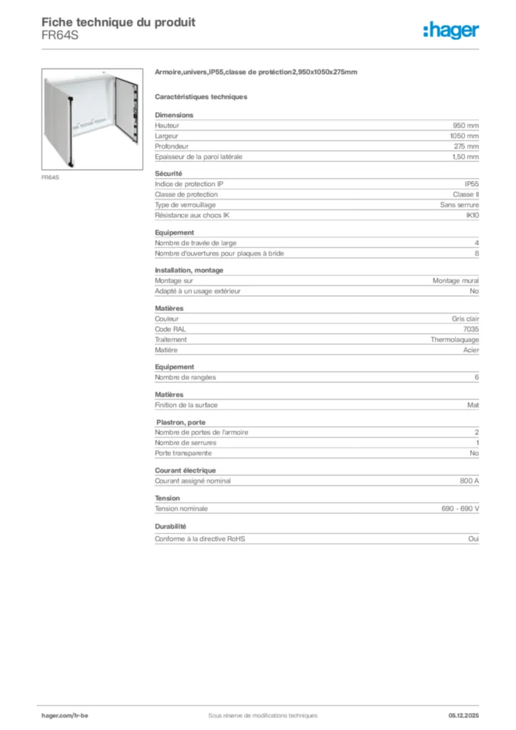 Image Hager Fiche technique du produit FR64S | Hager Belgique
