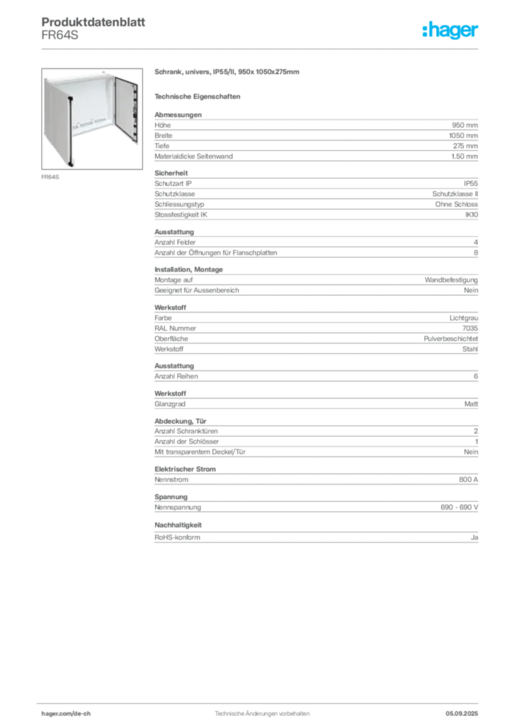 Bild Hager Produktdatenblatt FR64S | Hager Schweiz