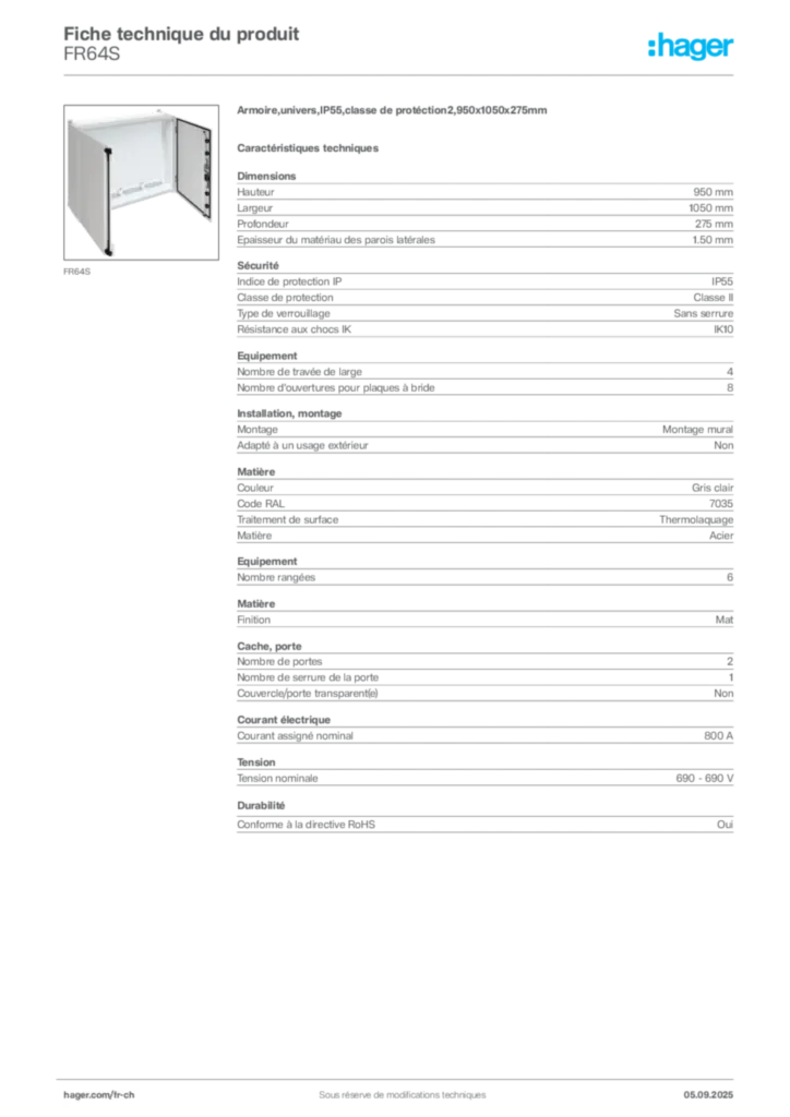 Image Hager Fiche technique du produit FR64S | Hager Suisse