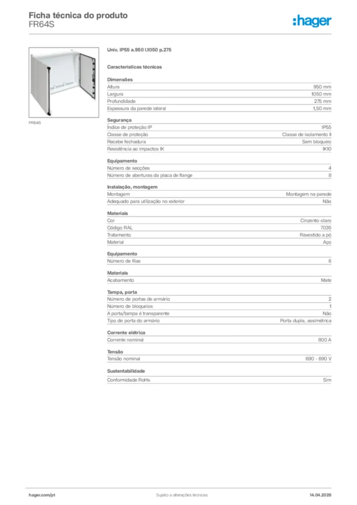 Imagem Hager Ficha técnica do produto FR64S | Hager Portugal