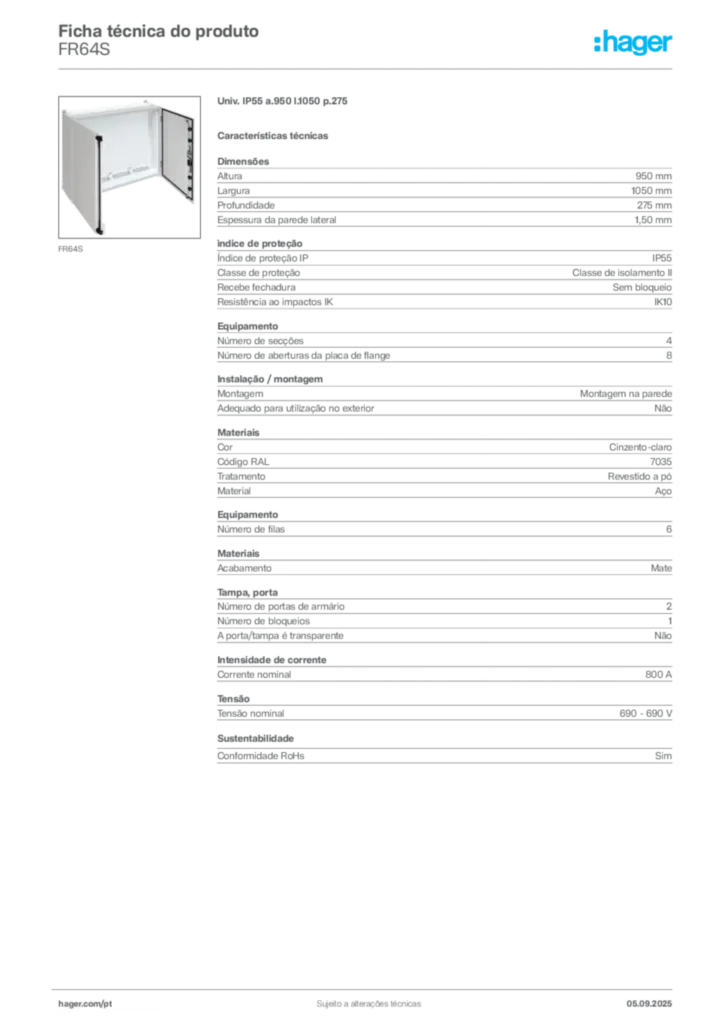 Imagem Hager Ficha técnica do produto FR64S | Hager Portugal