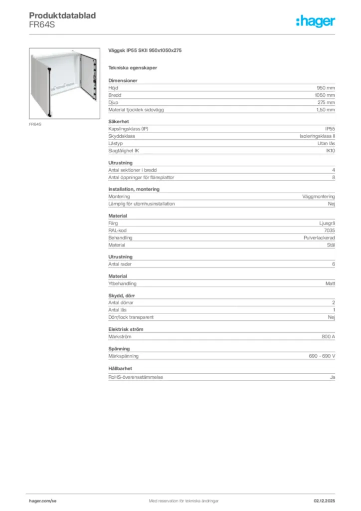 Bild Hager Produktdatablad FR64S | Hager Sverige