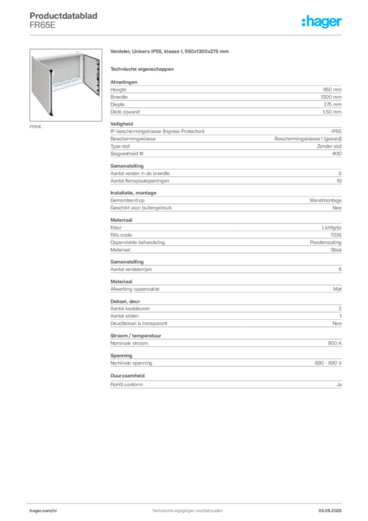 Afbeelding Hager Productdatablad FR65E | Hager Nederland