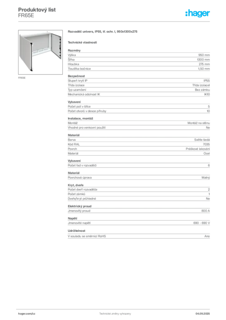 Obrázek Hager Produktový list FR65E | Hager