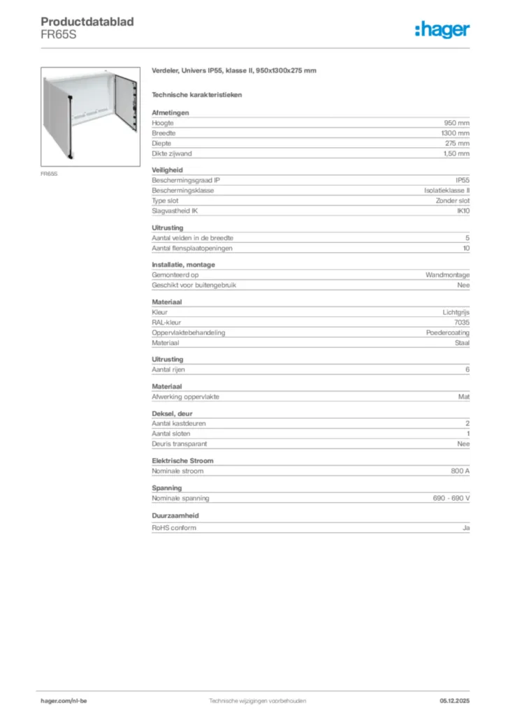 Afbeelding Hager Productdatablad FR65S | Hager Belgium