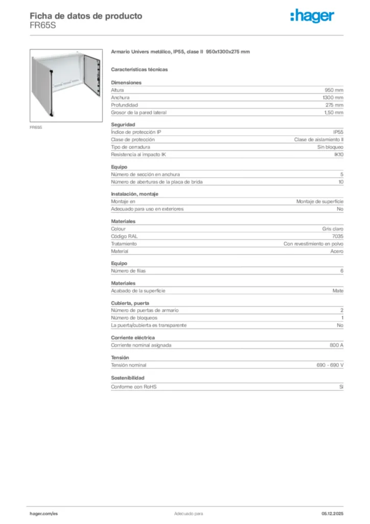 Imagen Hager Ficha de datos de producto FR65S | Hager España