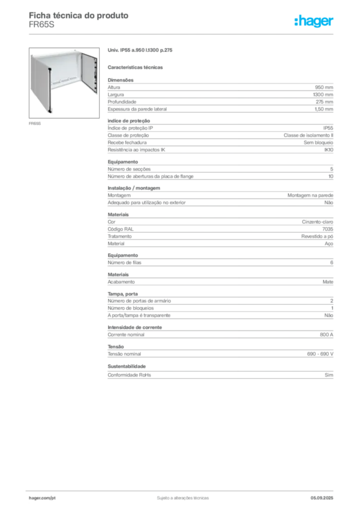 Imagem Hager Ficha técnica do produto FR65S | Hager Portugal