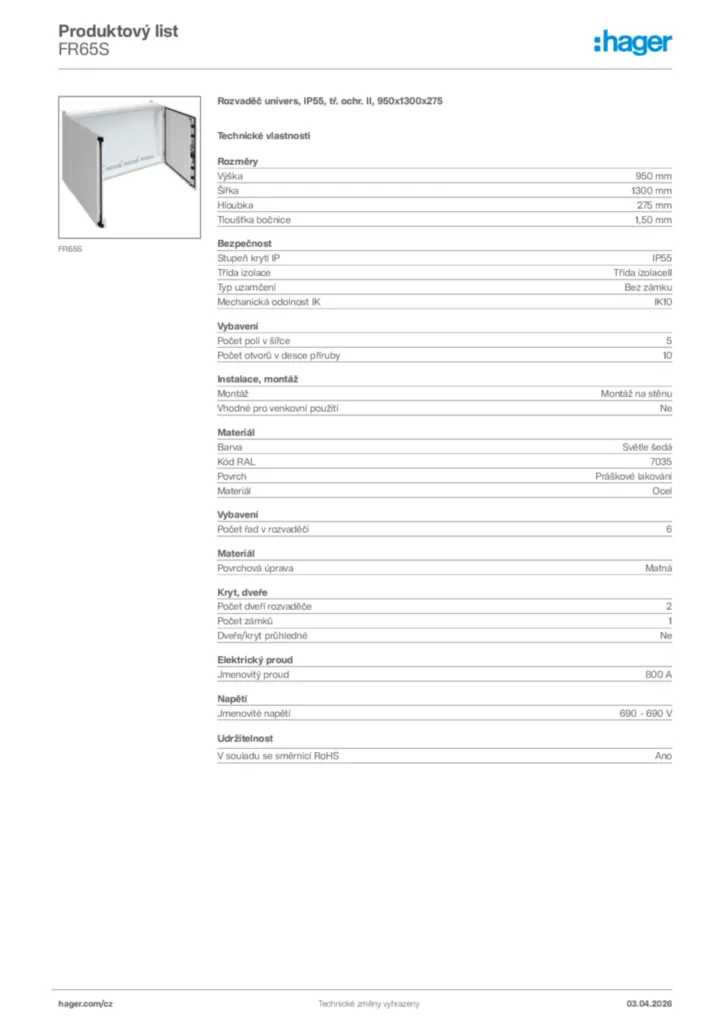 Obrázek Hager Product data sheet FR65S | Hager