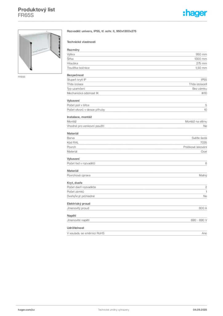 Obrázek Hager Produktový list FR65S | Hager