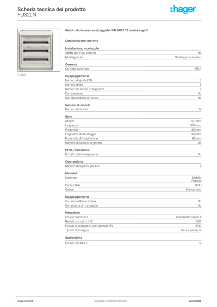 Immagine Hager Scheda tecnica del prodotto FU32LN | Hager Italia