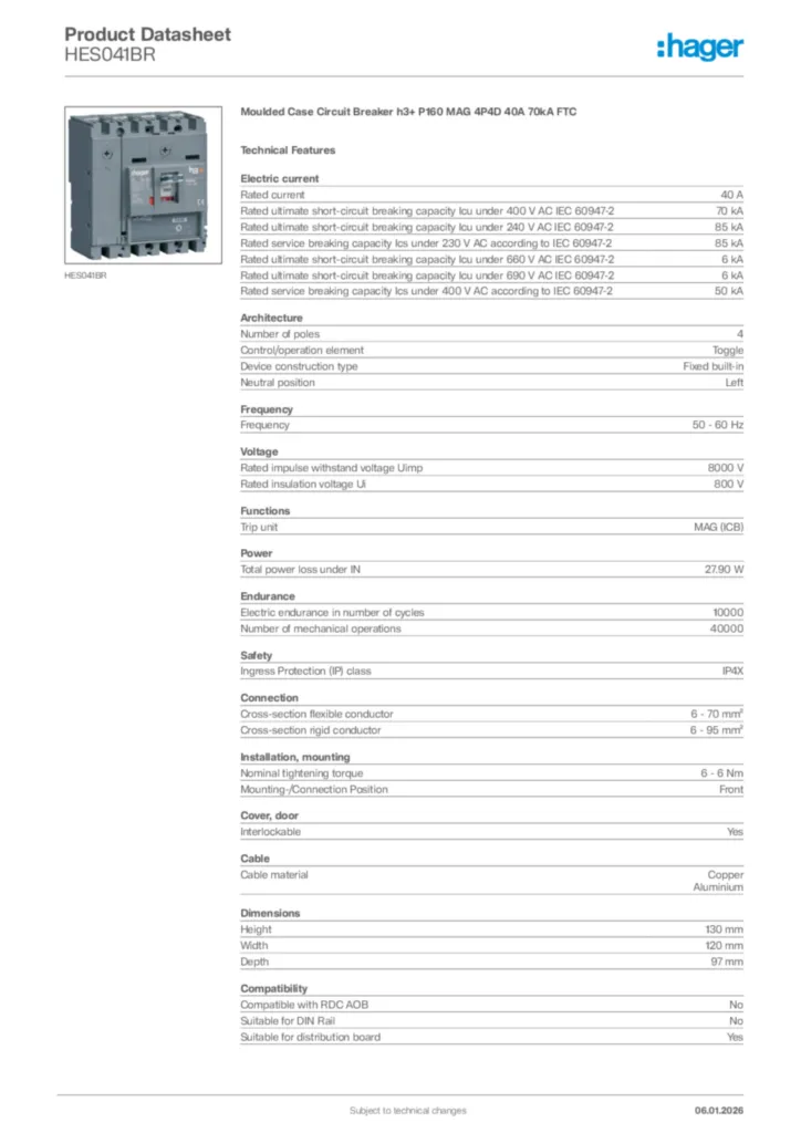 Image Hager Product data sheet HES041BR  | Hager Africa