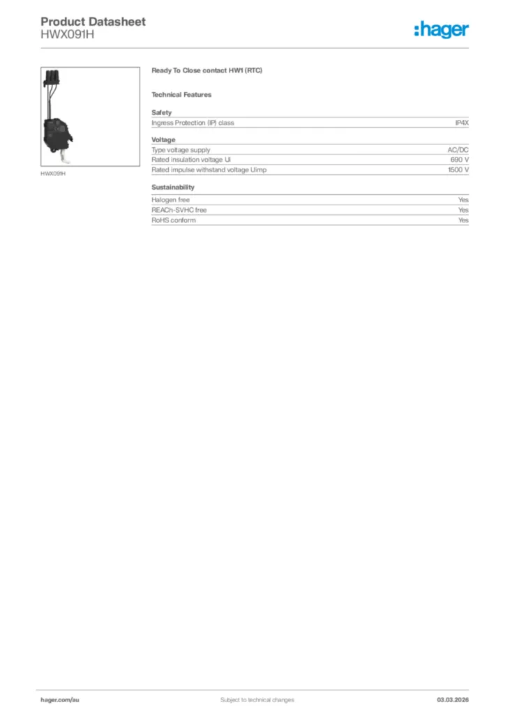 Image Hager Product data sheet HWX091H  | Hager Australia
