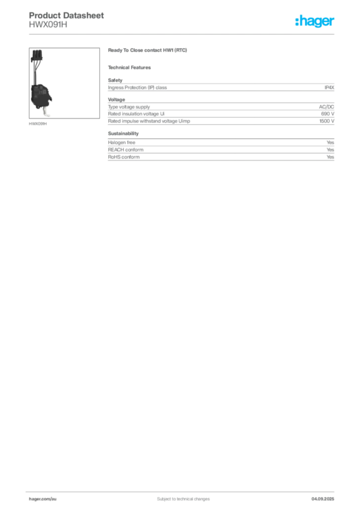 Image Hager Product data sheet HWX091H  | Hager Australia