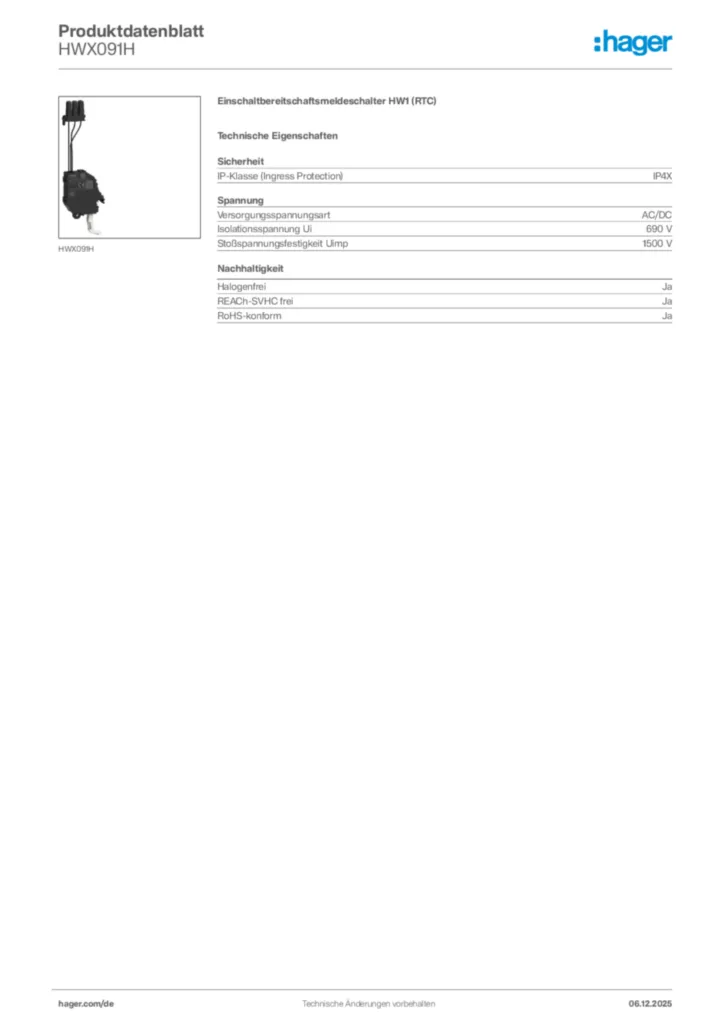 Bild Hager Produktdatenblatt HWX091H | Hager Deutschland