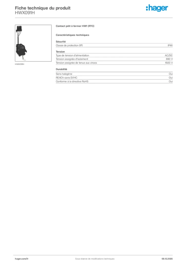 Image Hager Fiche technique du produit HWX091H | Hager France