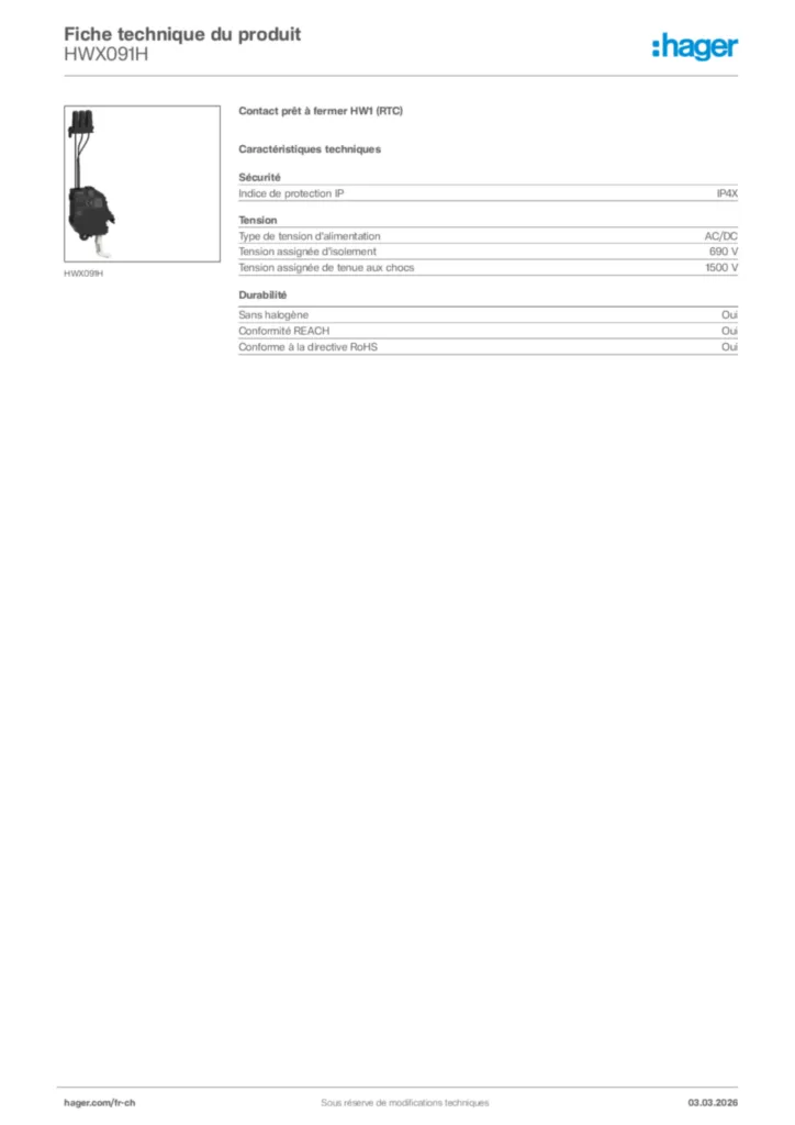 Image Hager Fiche technique du produit HWX091H | Hager Suisse