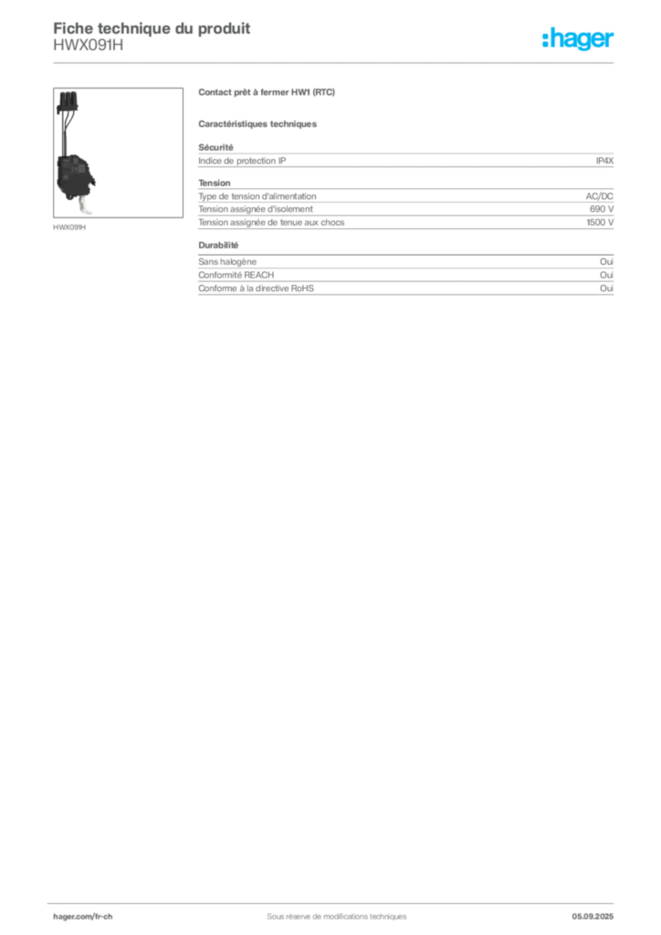 Image Hager Fiche technique du produit HWX091H | Hager Suisse