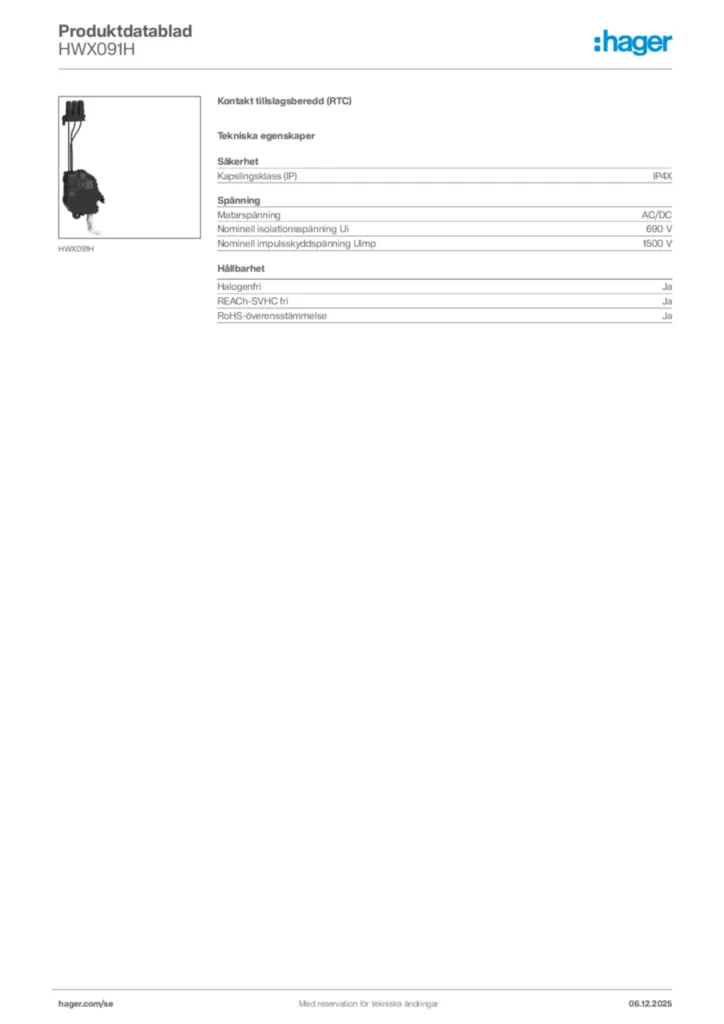 Bild Hager Produktdatablad HWX091H | Hager Sverige