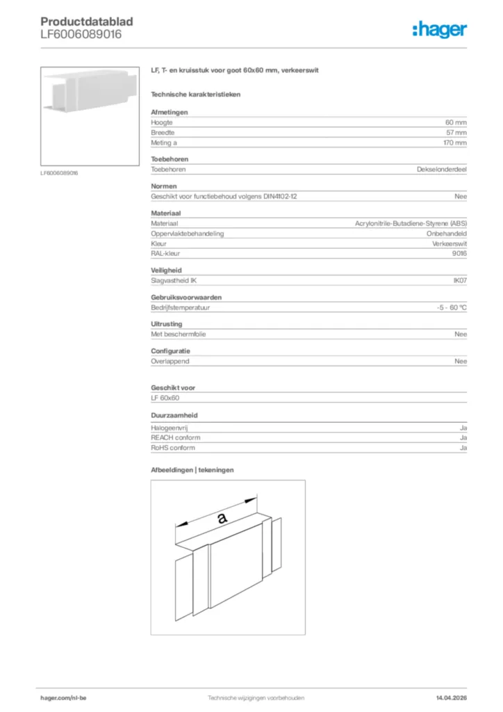 Afbeelding Hager Productdatablad LF6006089016 | Hager Belgium