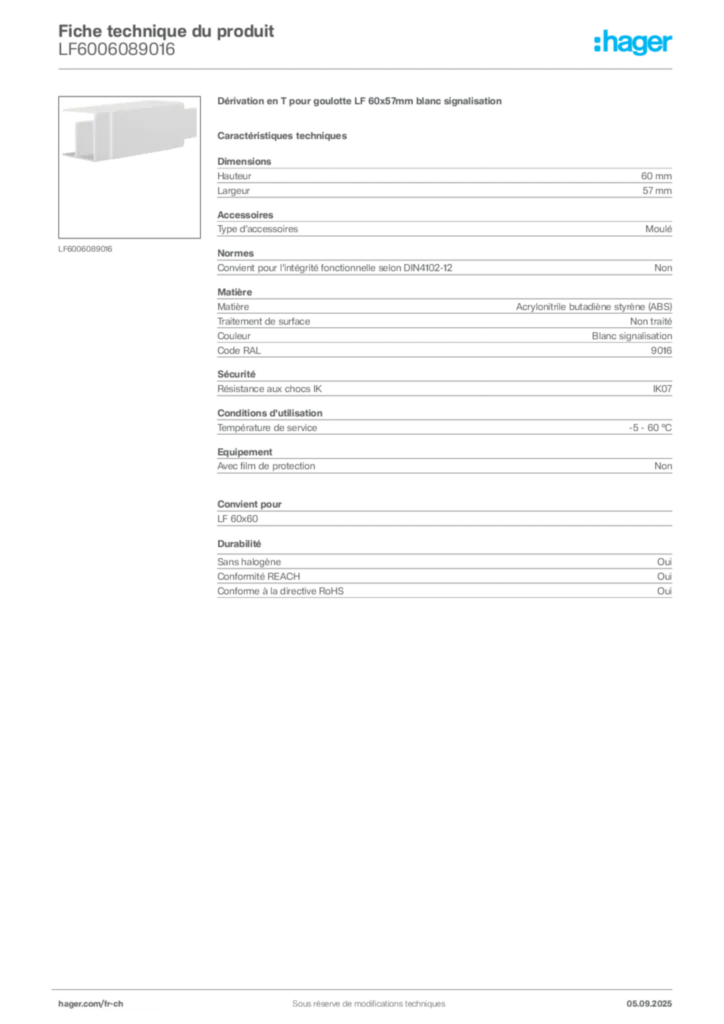 Image Hager Fiche technique du produit LF6006089016 | Hager Suisse
